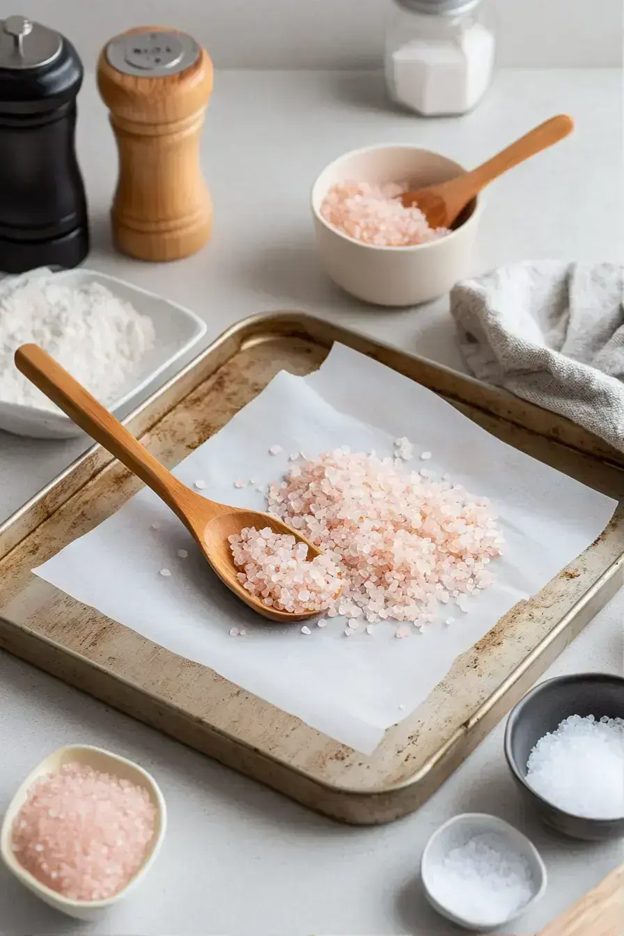 The final dried pink salt with rose petals in a glass jar