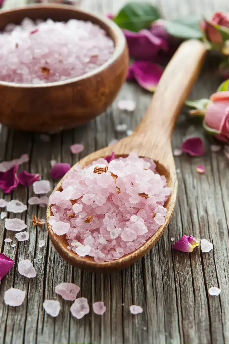 Homemade pink salt sprinkled over fresh vegetables for healthy seasoning