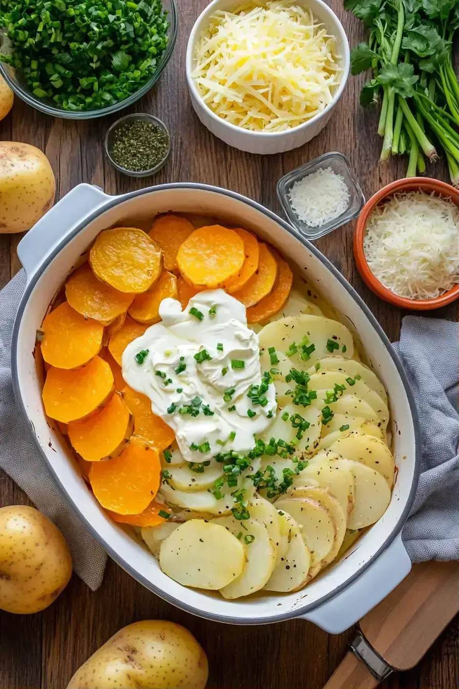 Finished Potato Squash Casserole with melted cheese