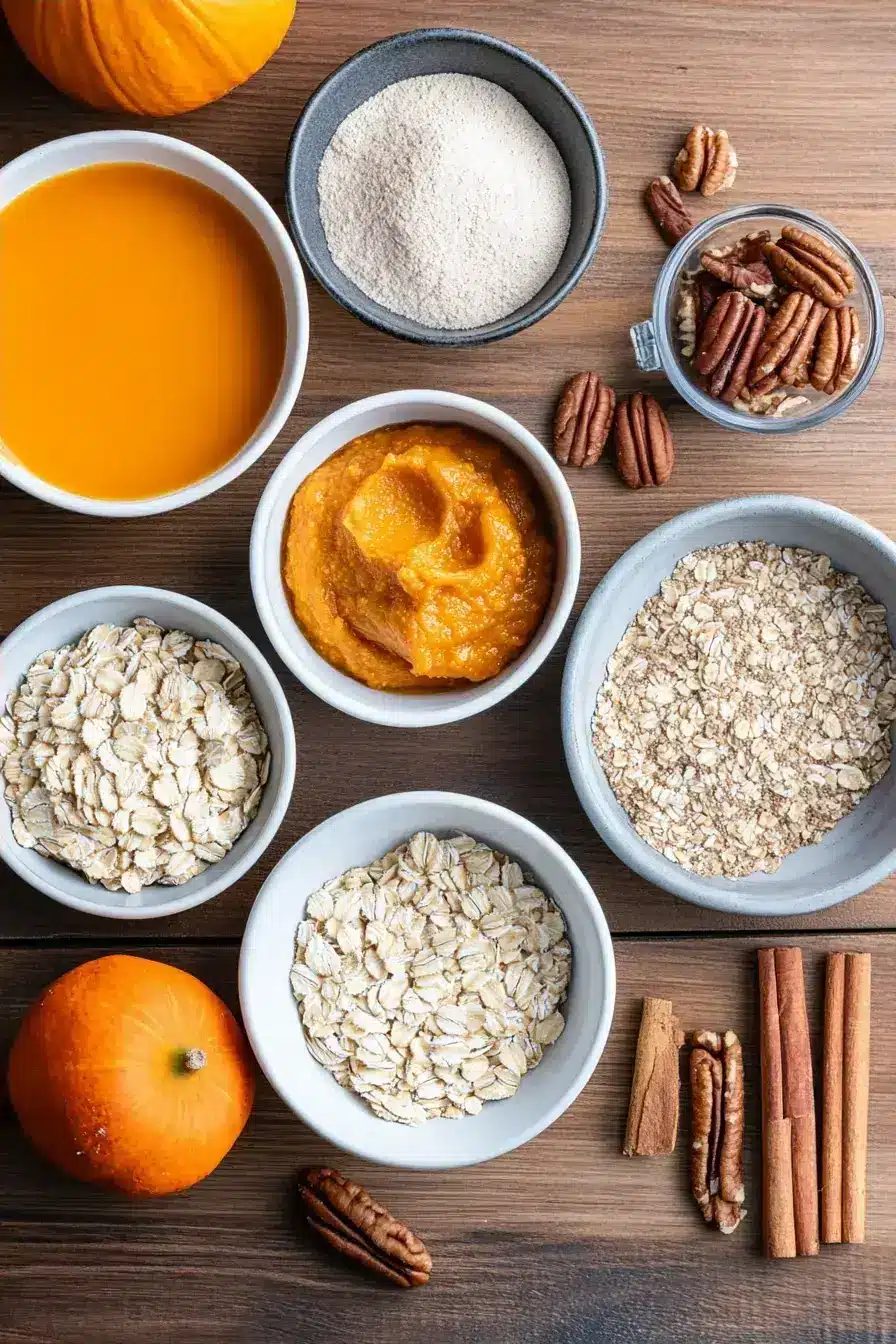 Measured ingredients for Protein Pumpkin Baked Oats on a counter