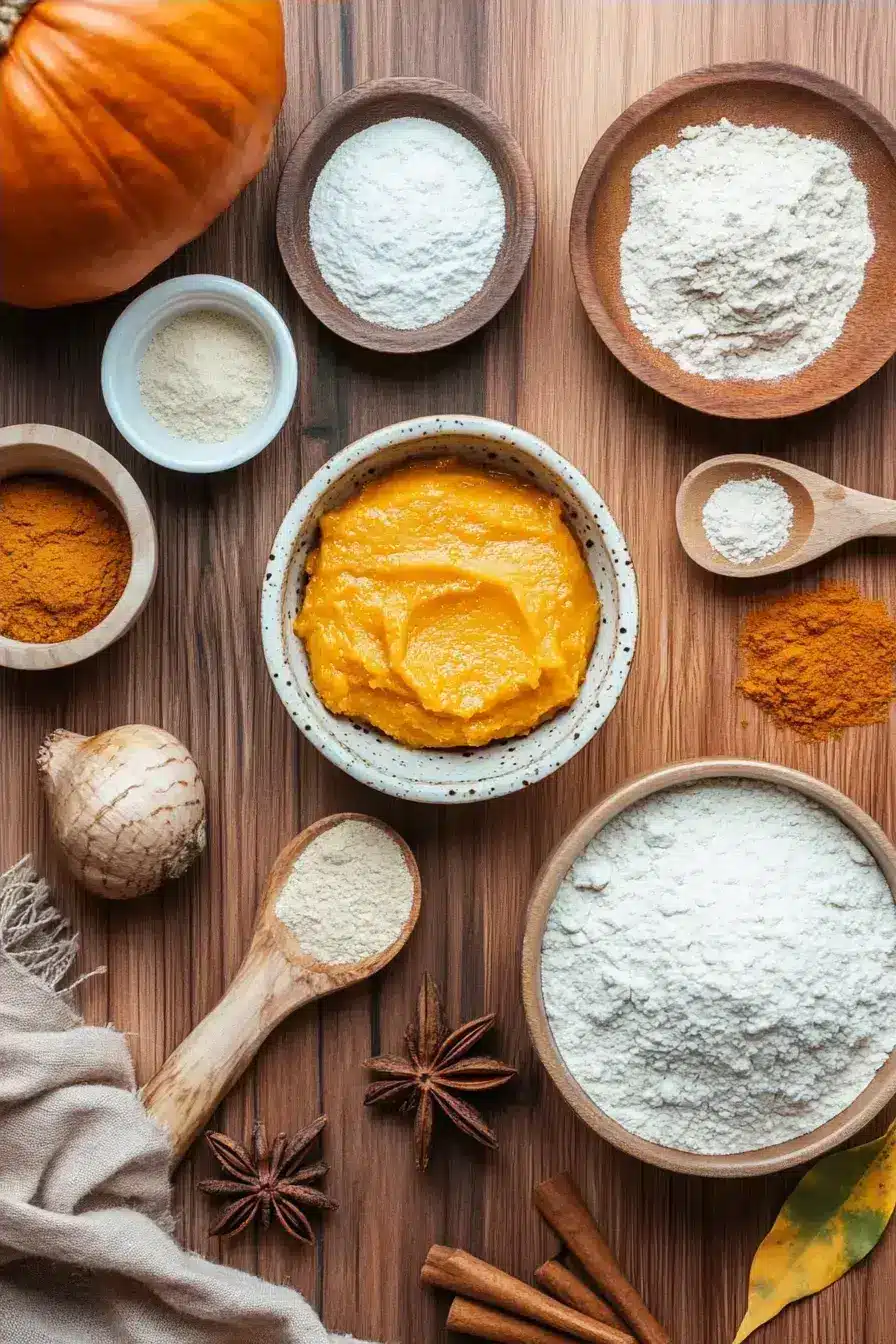 All the ingredients for homemade pumpkin bread laid out neatly