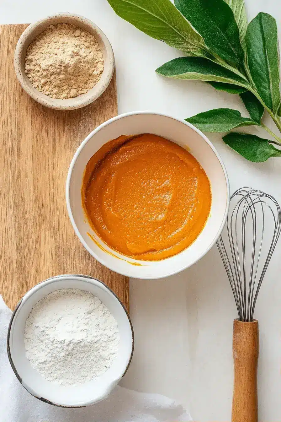 Mixing dry ingredients for pumpkin bread in a ceramic bowl