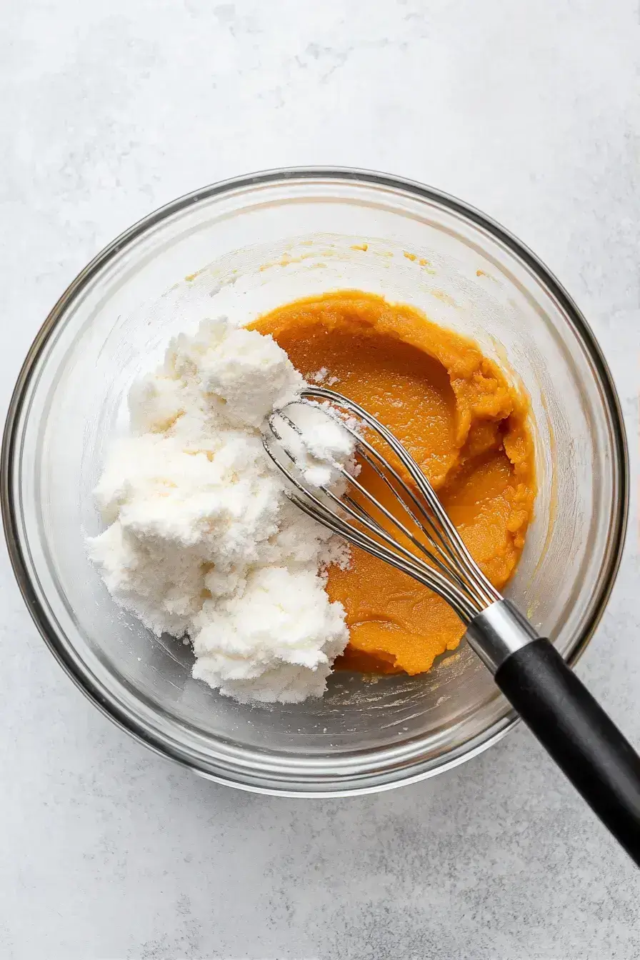 Adding pumpkin puree to the mixing bowl for moist pumpkin bread