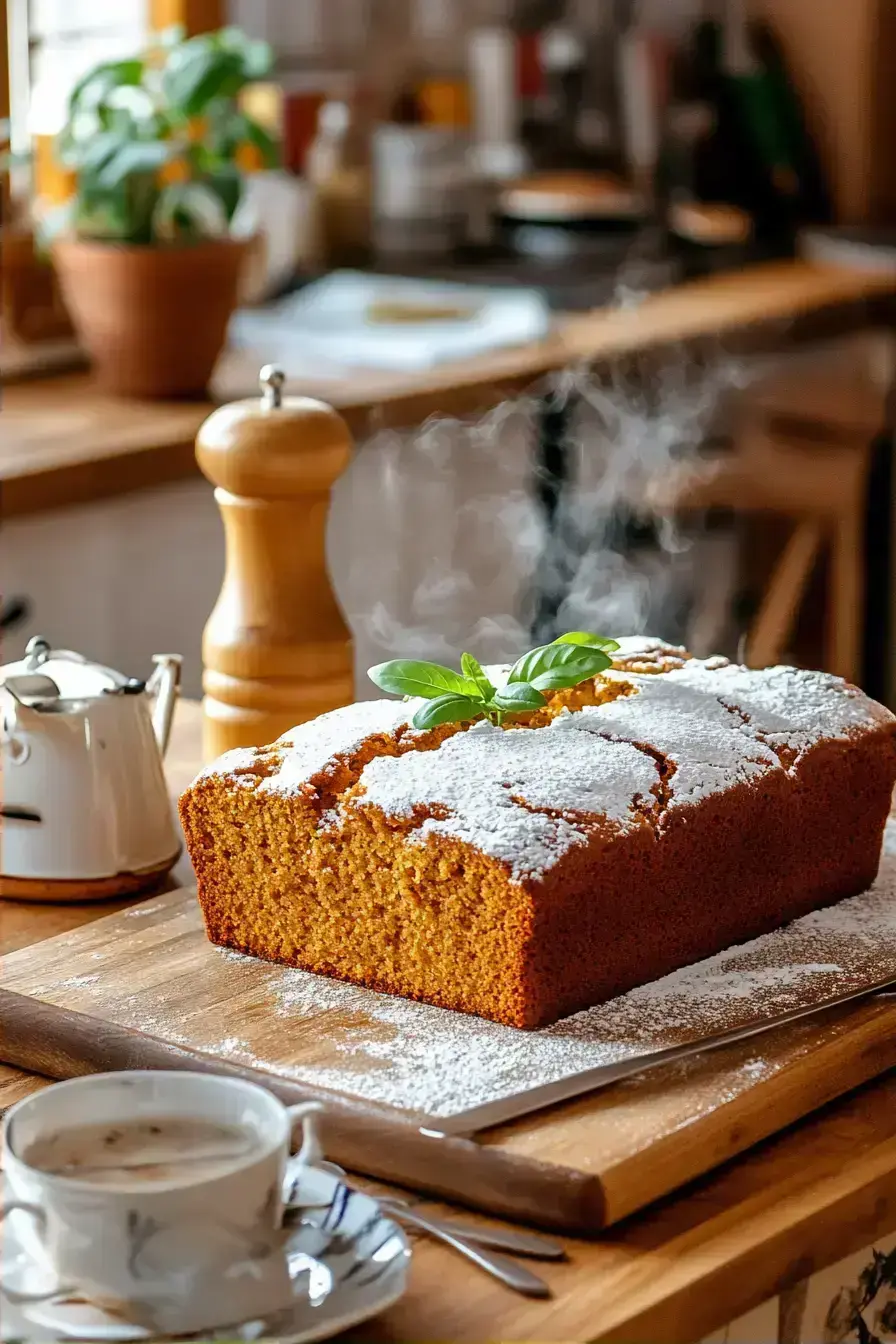 Freshly baked pumpkin bread with a moist crumb on a rustic board