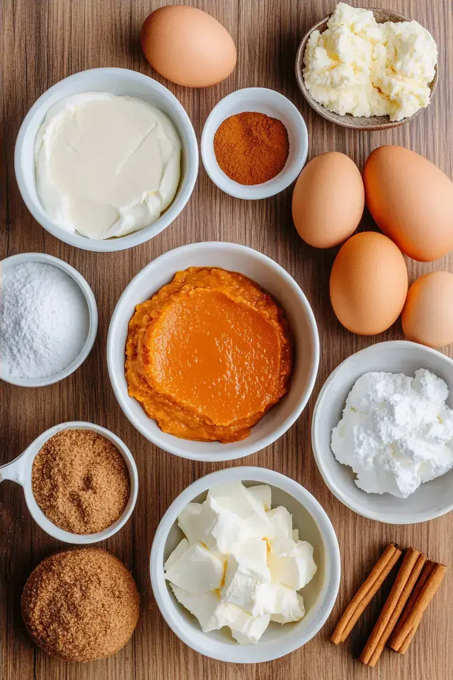 Ingredients for Pumpkin Cheesecake including pumpkin puree and spices