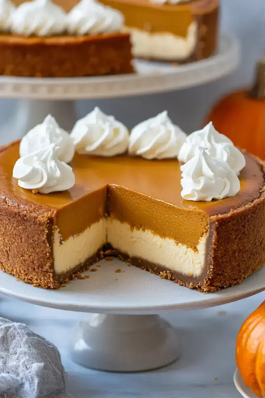 Beautifully served Pumpkin Cheesecake with caramel drizzle and pecans