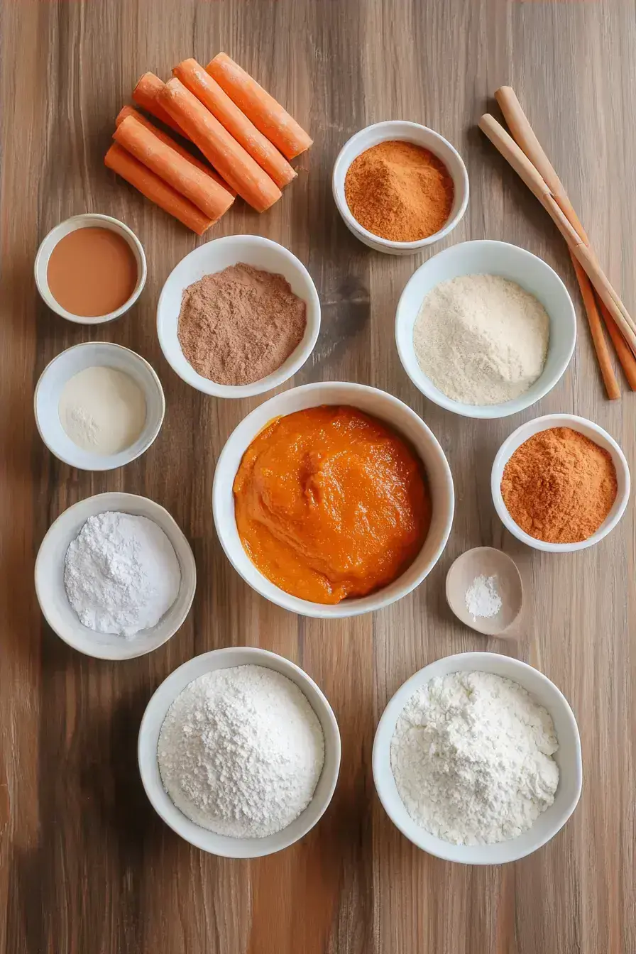 Ingredients for homemade Pumpkin Cinnamon Rolls arranged on counter