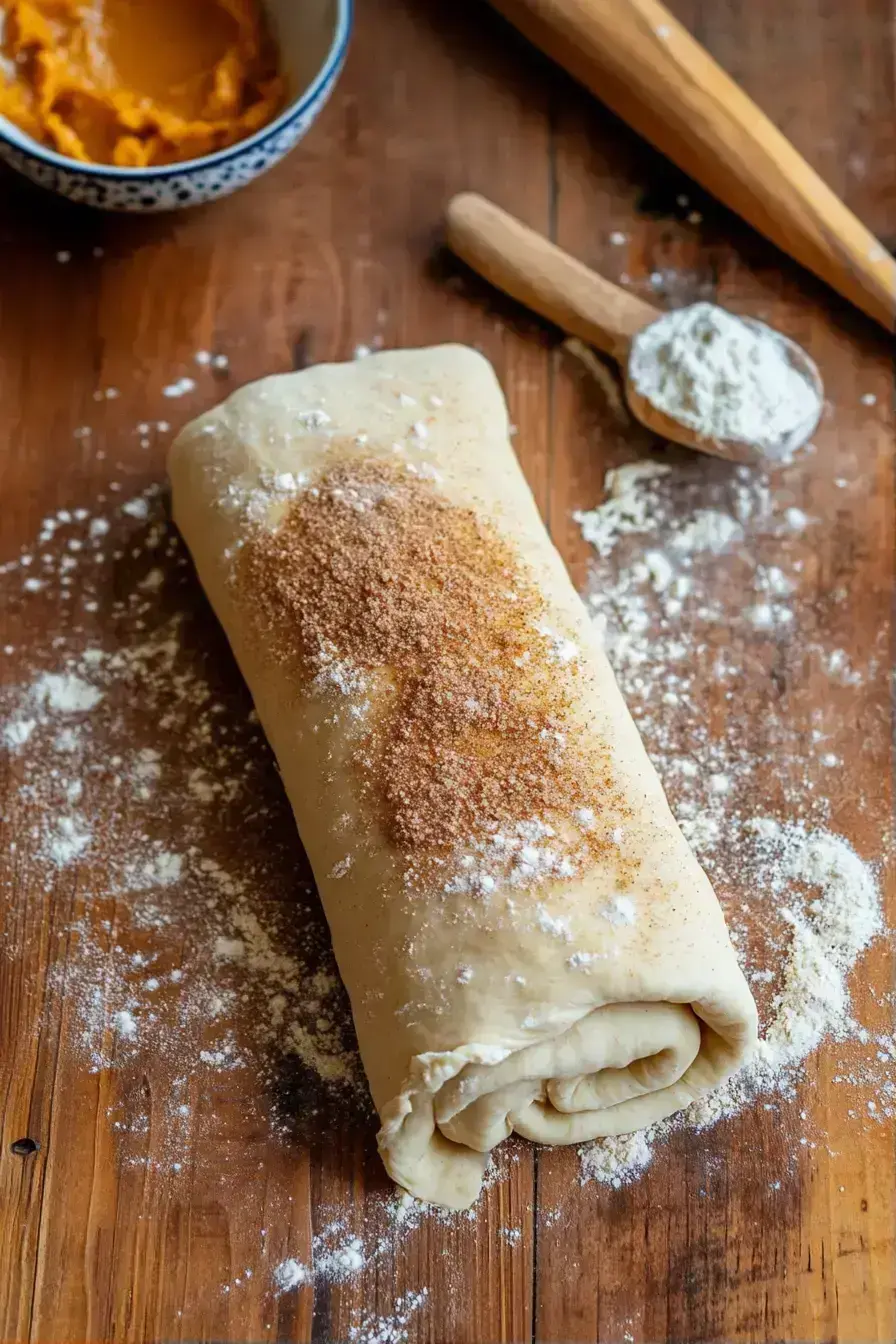Rolling pumpkin cinnamon roll dough with spiced filling