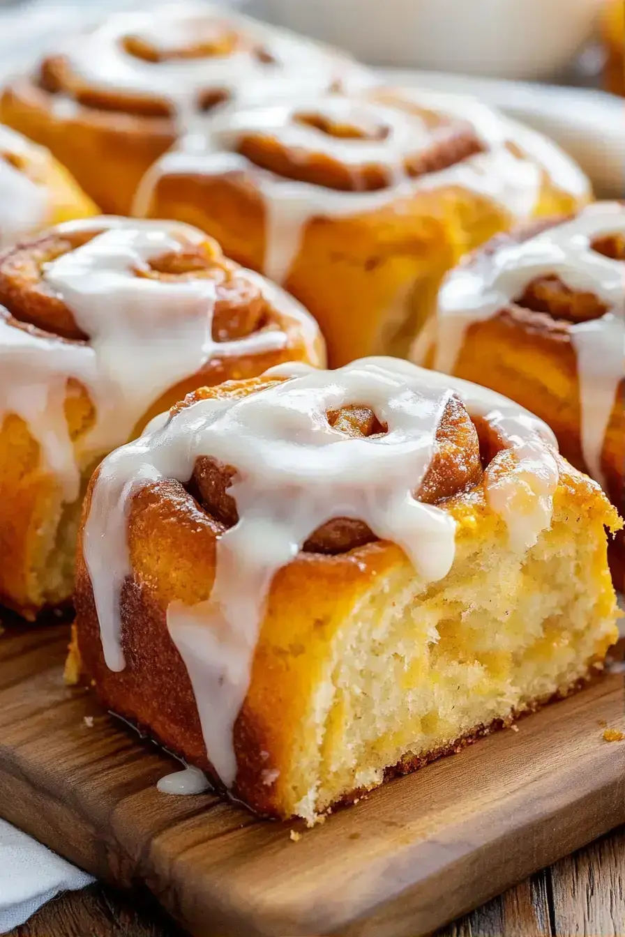 Beautifully served Pumpkin Cinnamon Rolls on a rustic wooden board with coffee