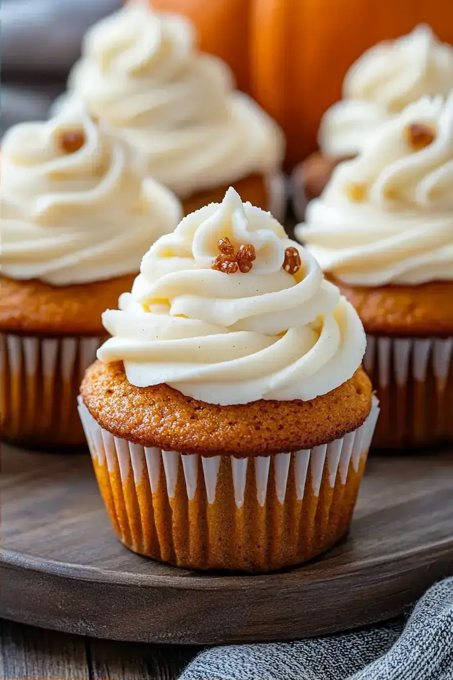Freshly baked pumpkin cupcakes with cream cheese frosting