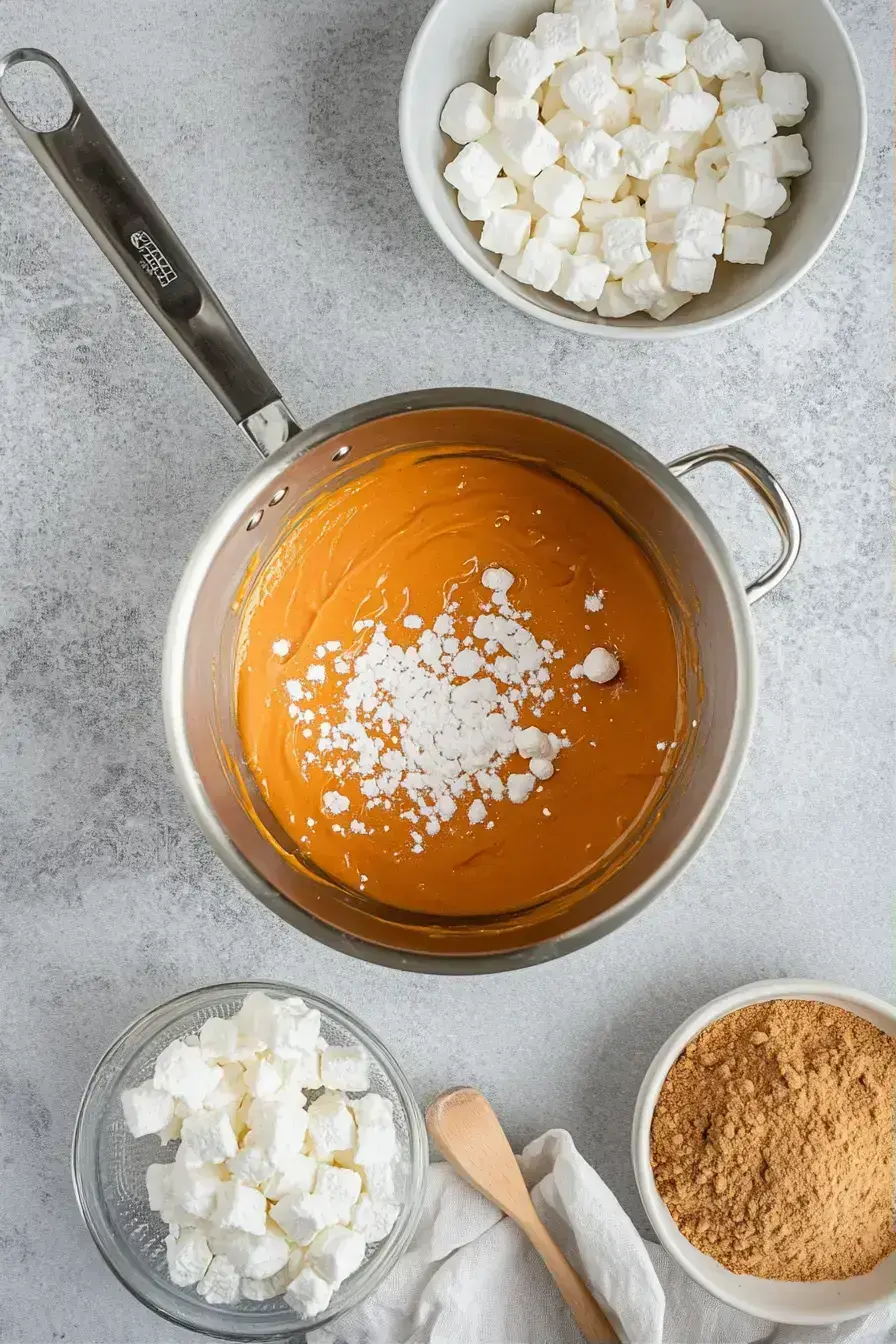 Hands shaping the orange cereal mixture into pumpkin balls for Pumpkin Rice Krispies
