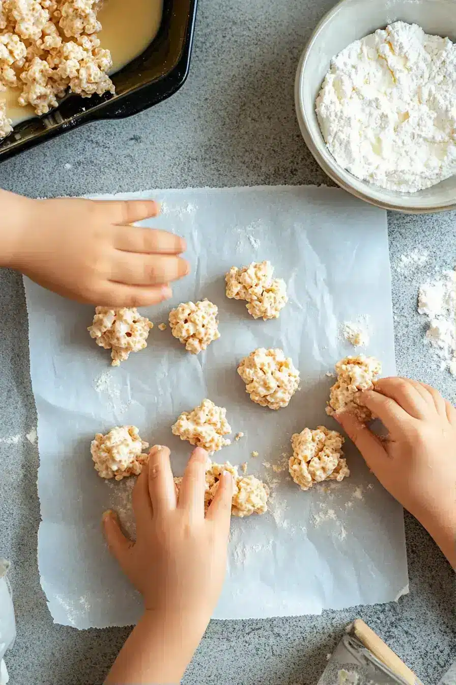 Finished Pumpkin Rice Krispies treats with candy corn stems on a serving platter