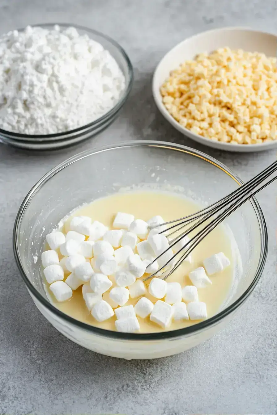 Mixing Rice Krispies into the marshmallow mixture