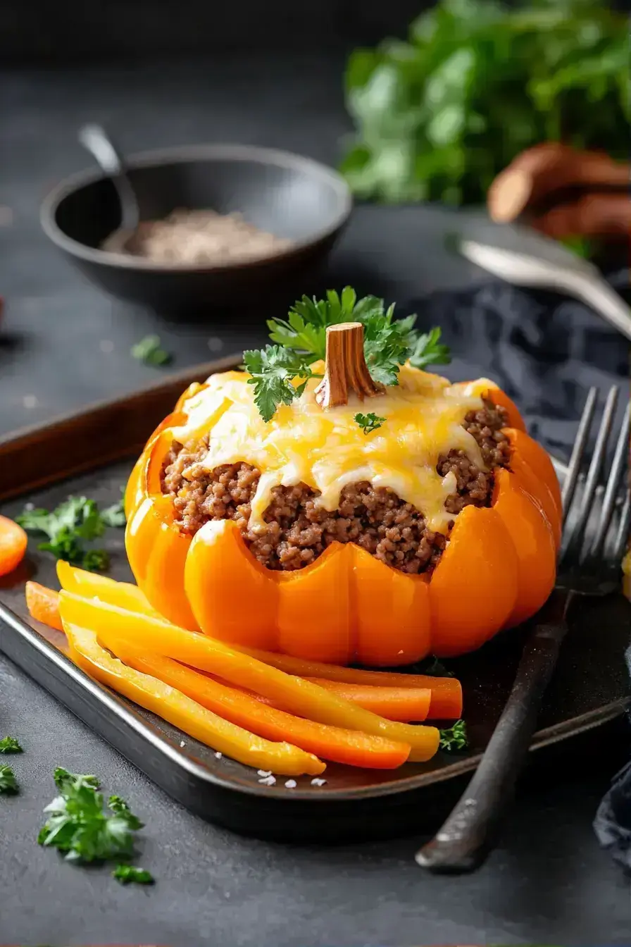 Forming a festive stuffed bell pepper meat dish with cheese topping