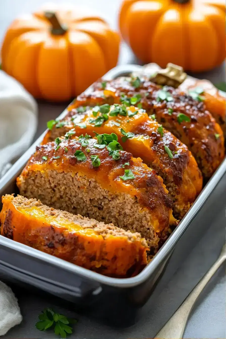 Sliced pumpkin shaped meatloaf served with roasted vegetables on a festive platter