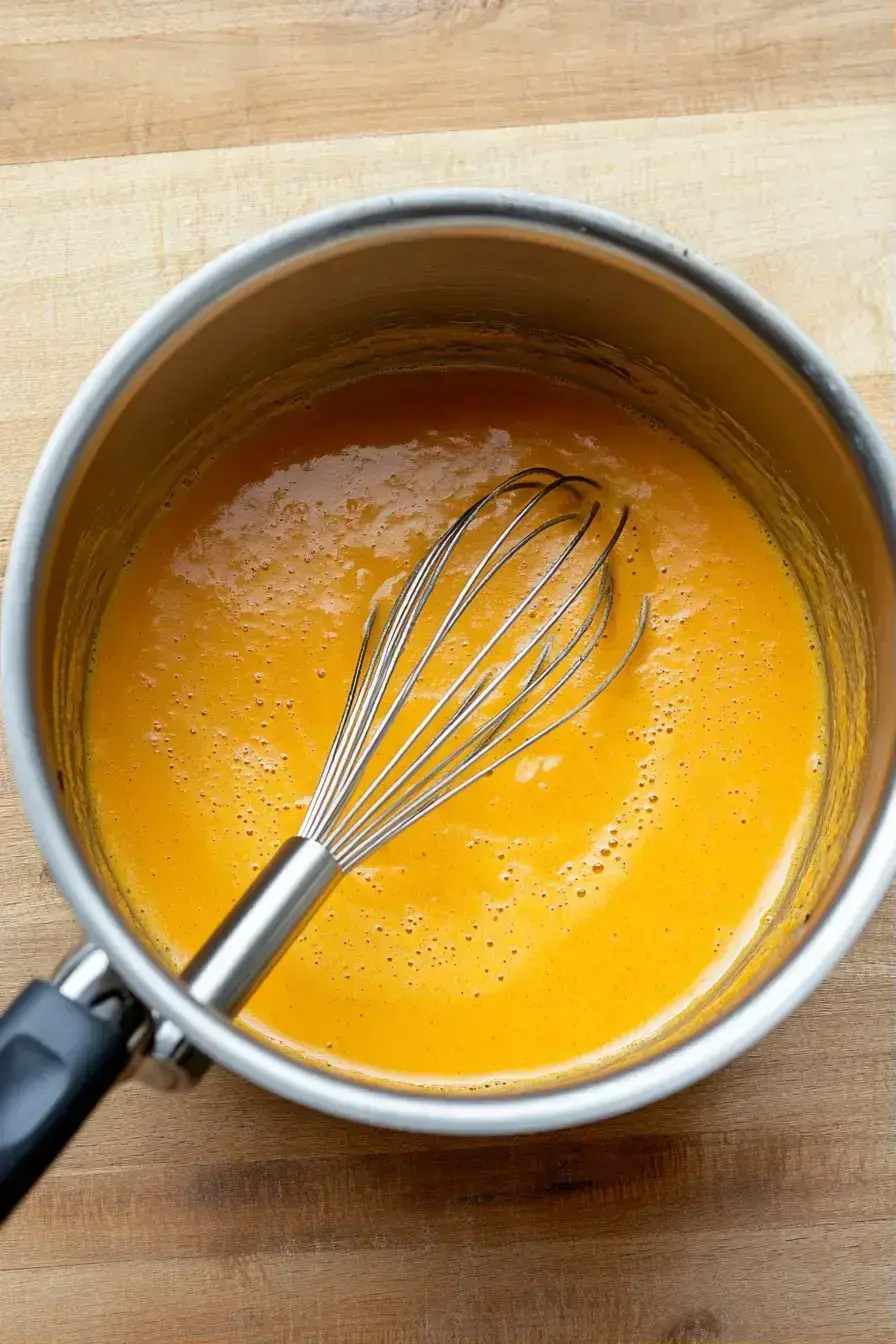 Whisked pumpkin spice dairy creamer simmering on stovetop