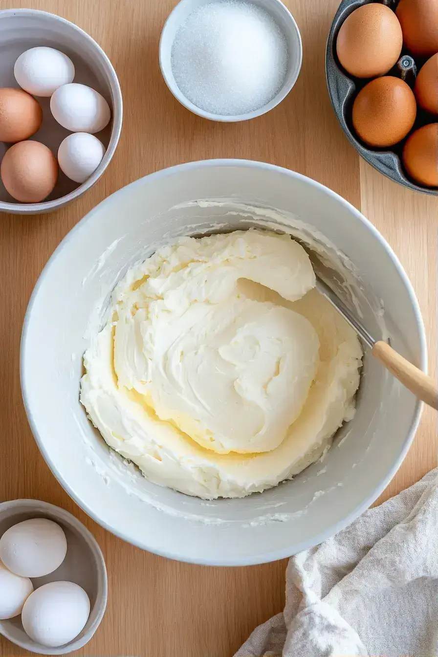 Mixing the cream cheese filling for a Red Velvet Cheesecake