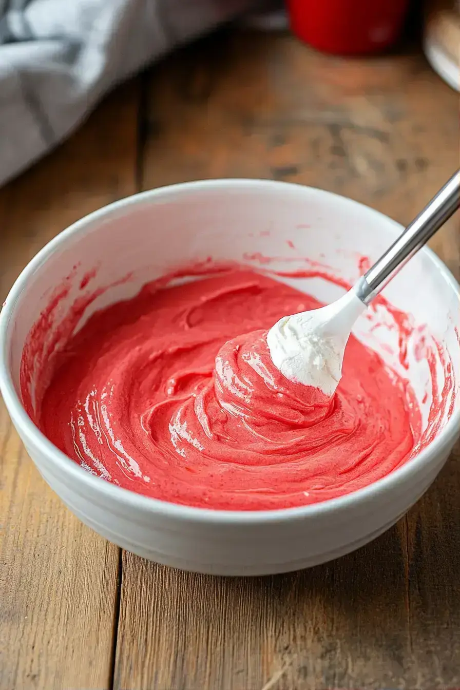 Pouring red velvet cheesecake batter into the prepared pan