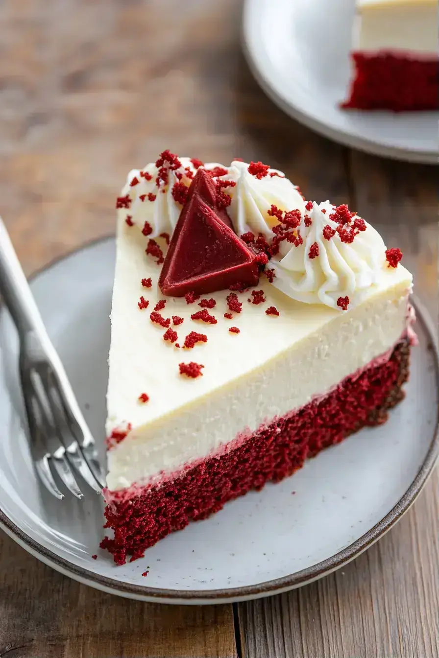 Beautifully served Red Velvet Cheesecake slice with whipped cream and berries