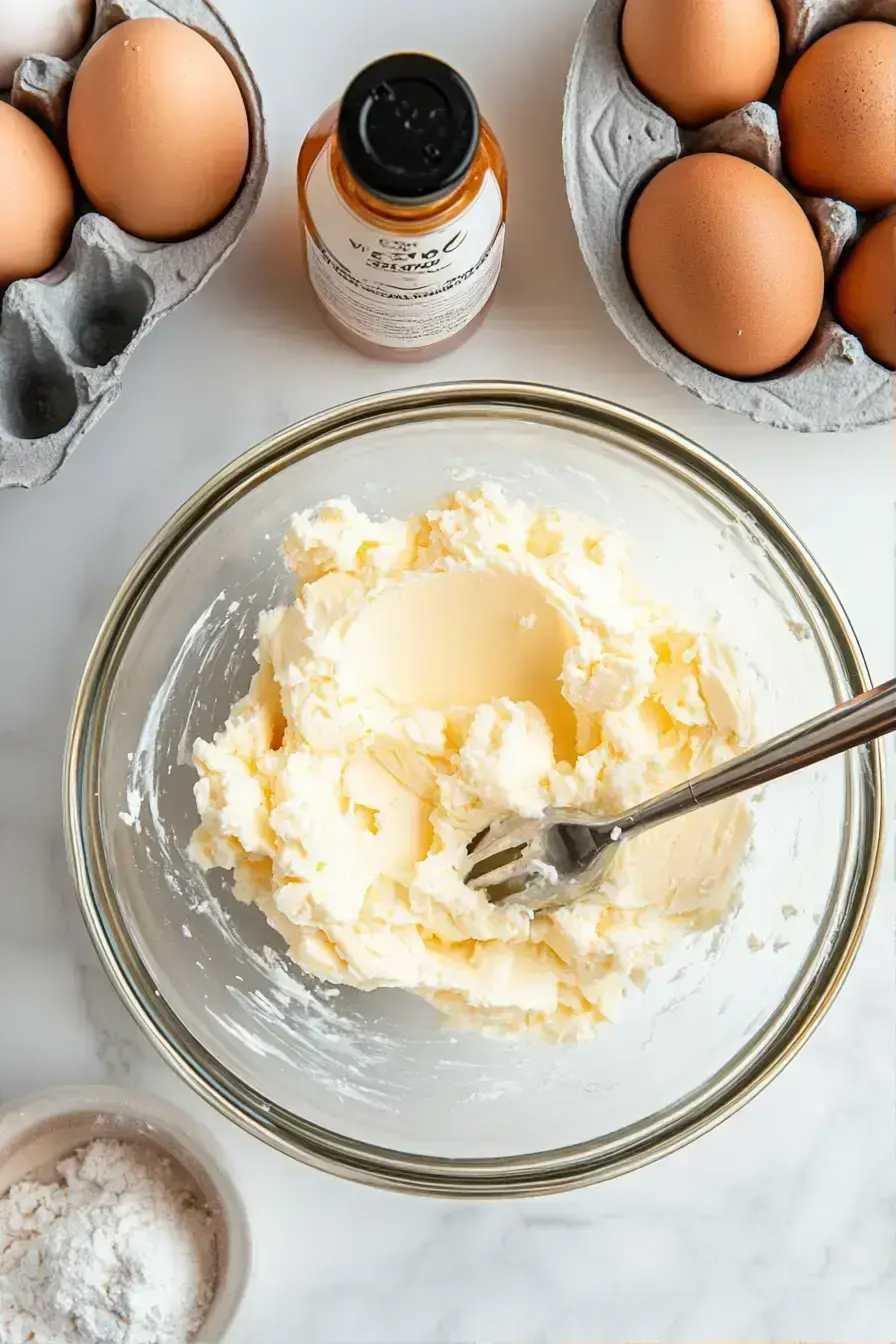 Creaming butter and sugar for a fluffy ricotta dessert with vanilla