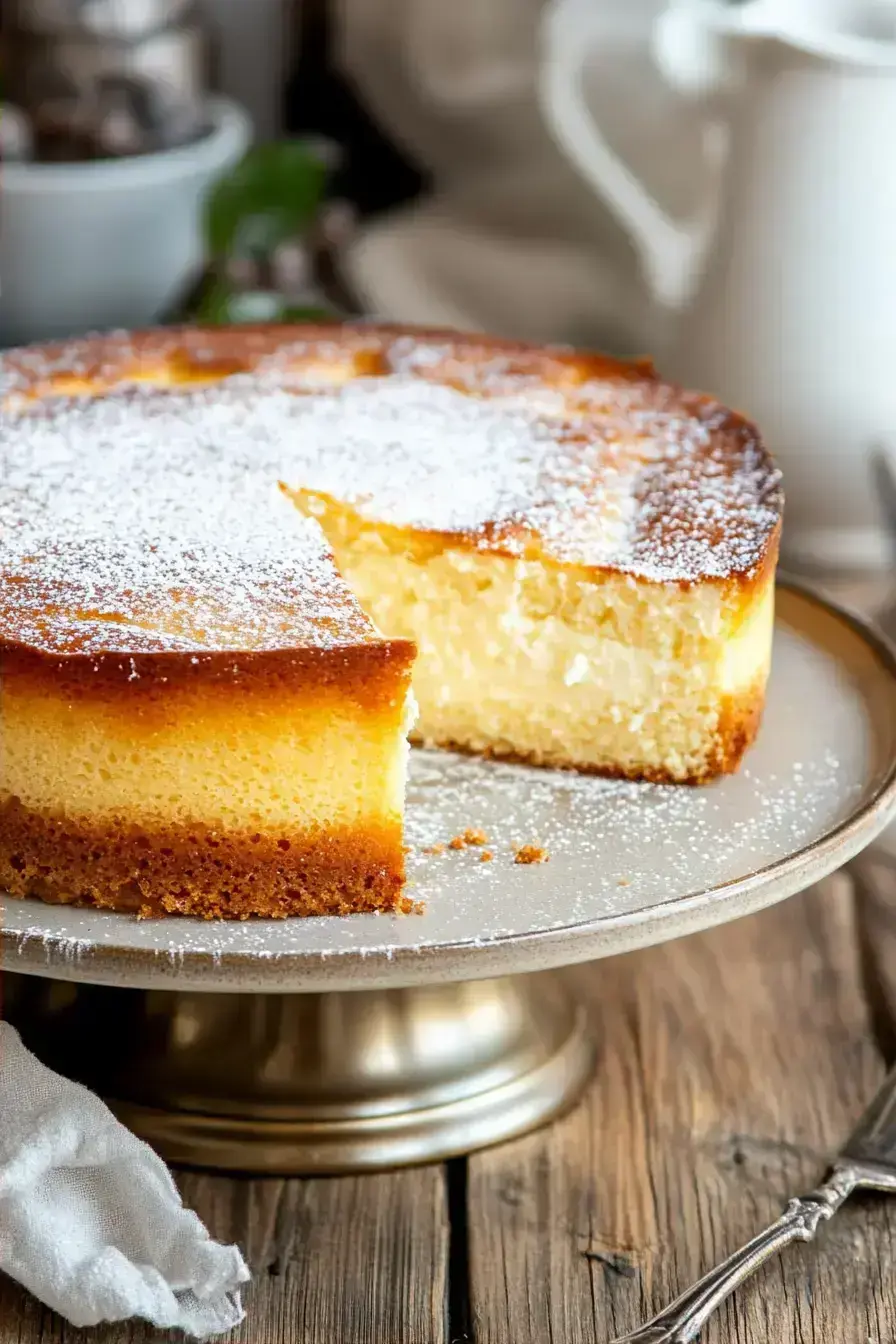 A slice of moist ricotta cake dusted with powdered sugar