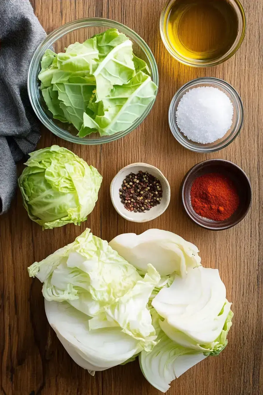 Raw cabbage wedges and seasoning ingredients for making roasted cabbage