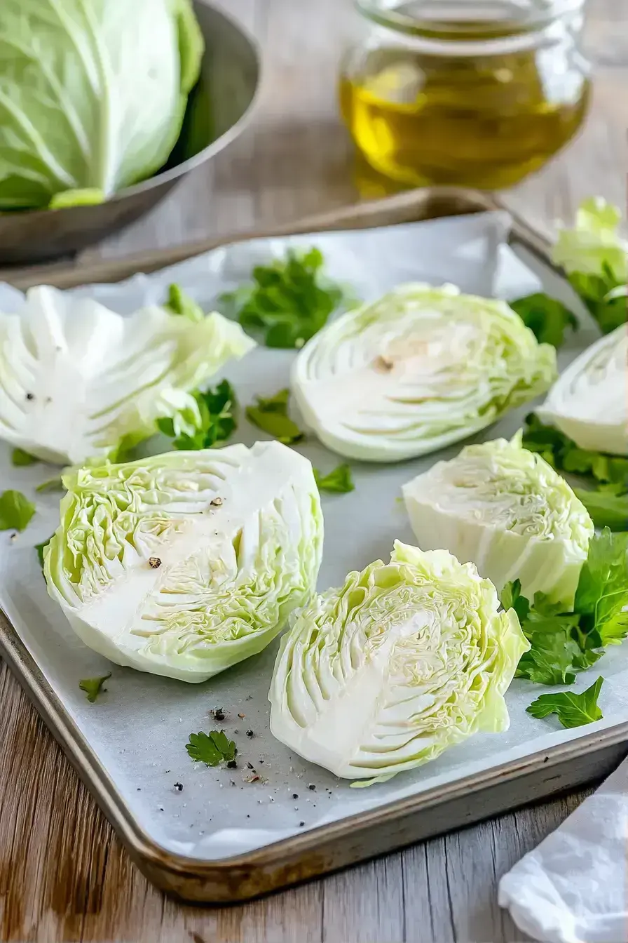 Arranging raw cabbage wedges on a baking sheet for roasted cabbage