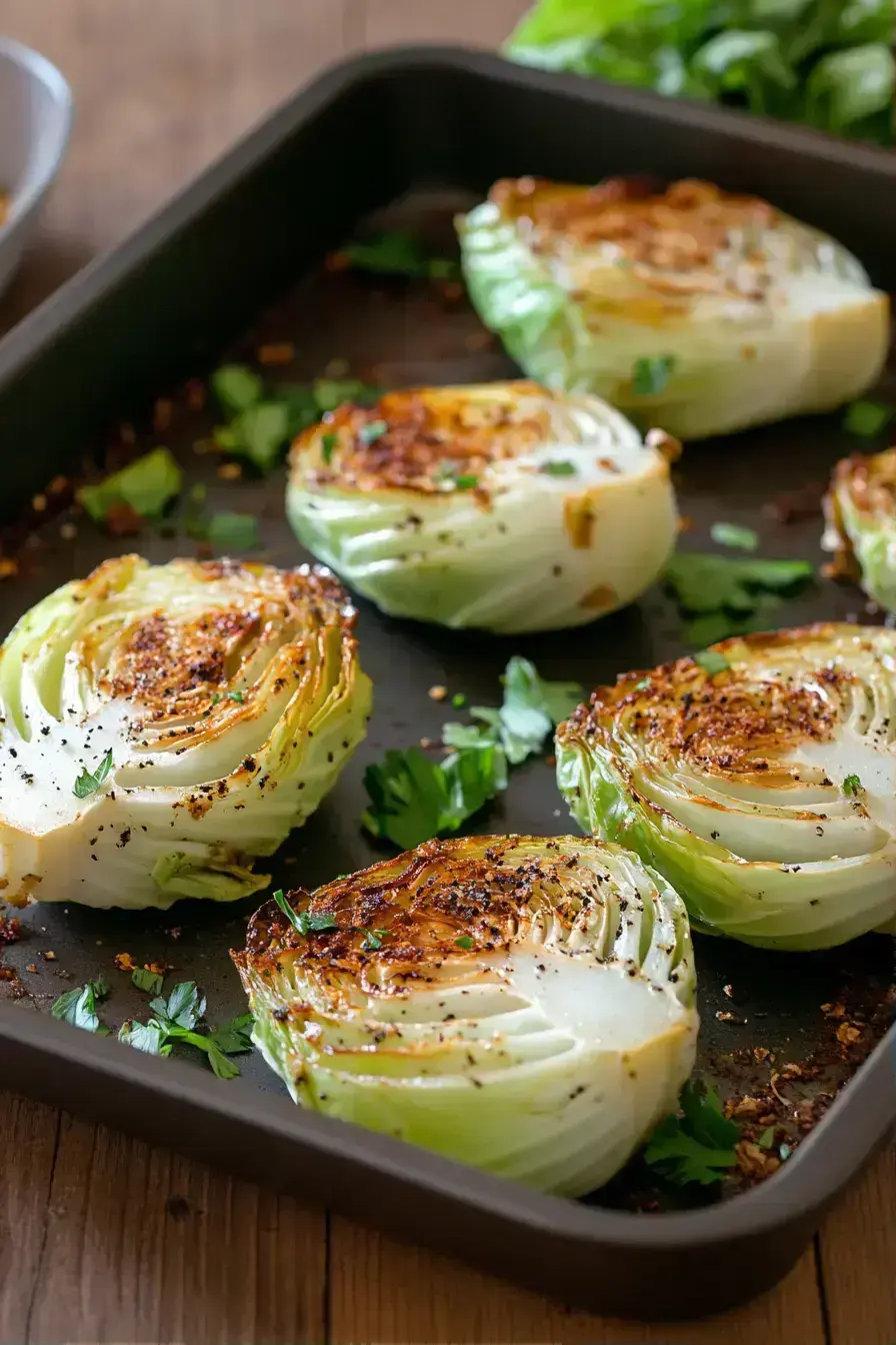 Finished golden roasted cabbage wedges drizzled with vinegar