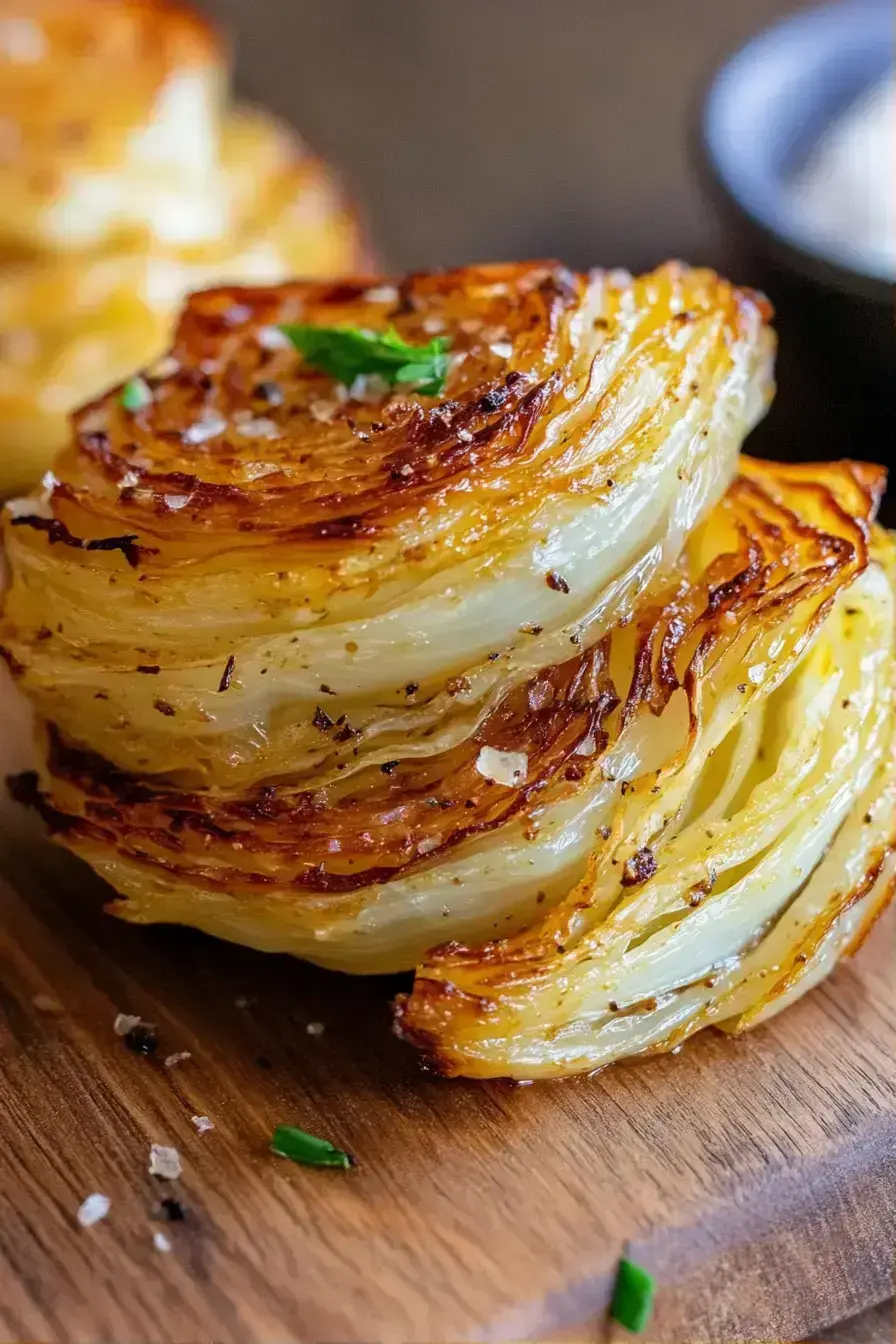 A beautifully plated dinner with roasted cabbage wedges next to roasted chicken