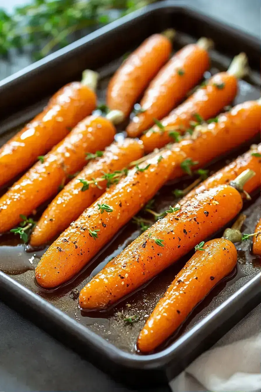 Finished honey roasted carrots with thyme garnished on a serving platter