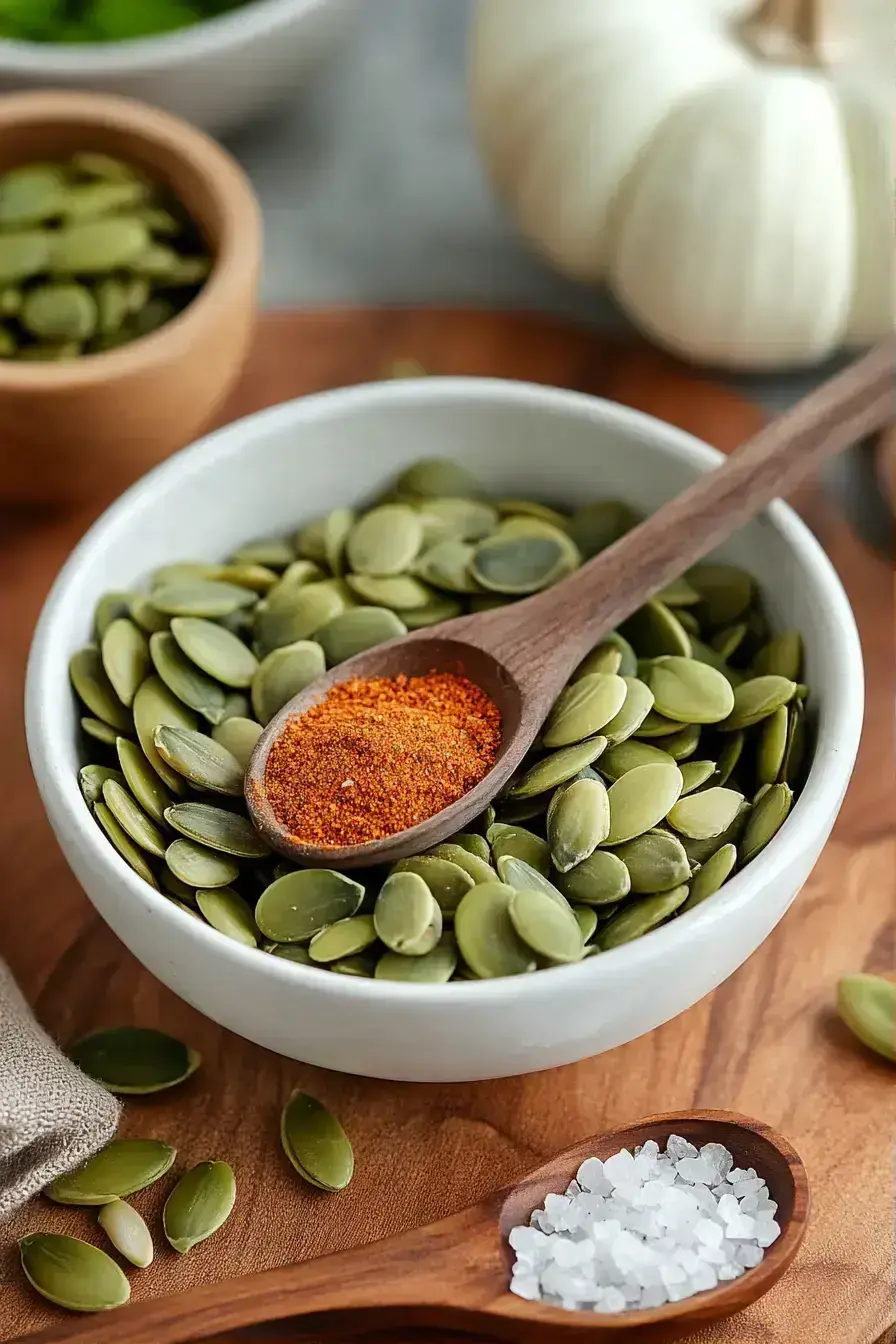 Pumpkin seeds spread on a baking sheet