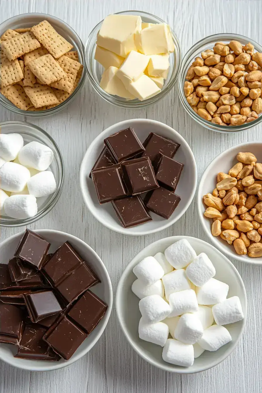 Ingredients for making Rocky Road on a wooden table