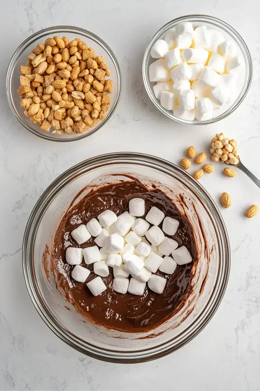 Folding marshmallows and nuts into melted chocolate for Rocky Road