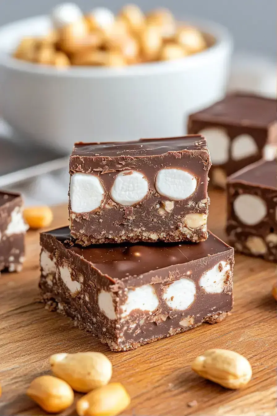 Rocky Road squares served on a vintage plate with coffee
