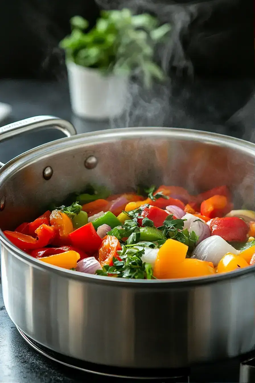 Adding spices and garlic to peppers and onions for Ropa Vieja