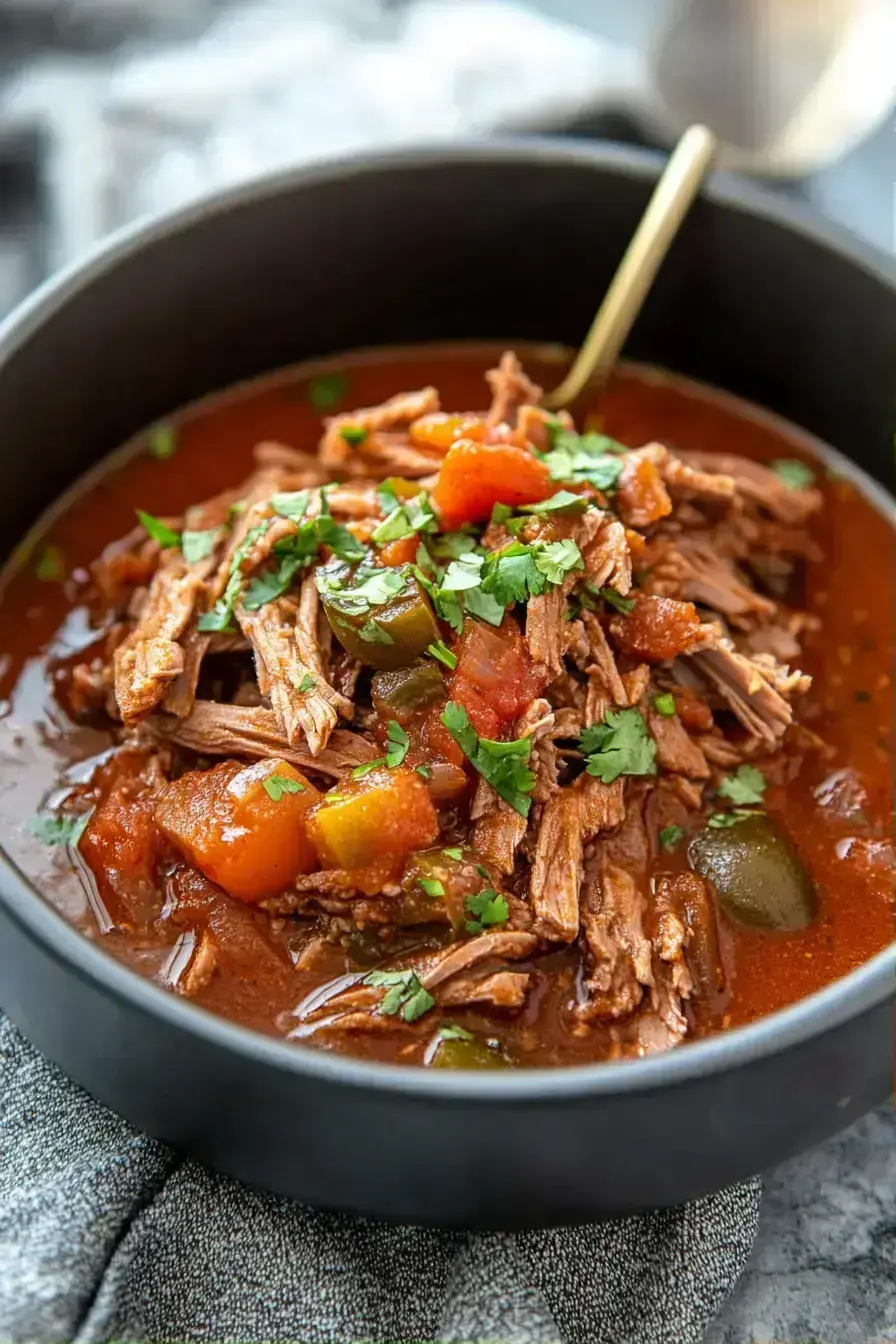 Beautifully plated Ropa Vieja with fresh cilantro garnish and lime wedges