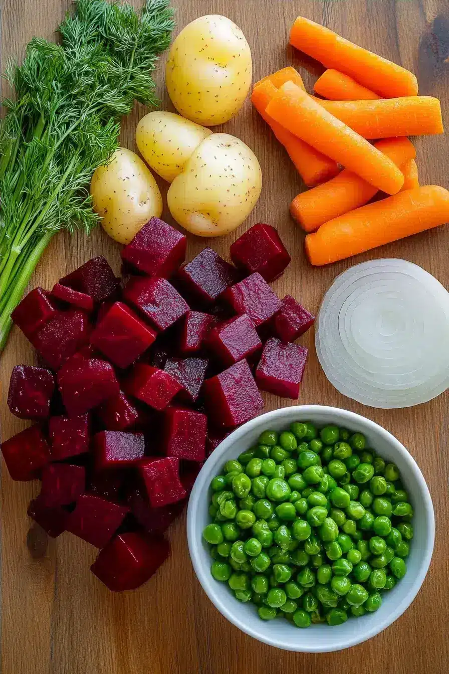 All the raw ingredients for a homemade Russian Vinaigrette Salad prepped on a table