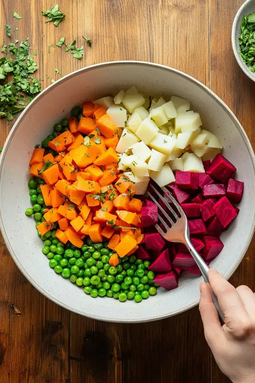 Whisking a tangy mustard dressing for Russian Vinaigrette Salad in a small bowl