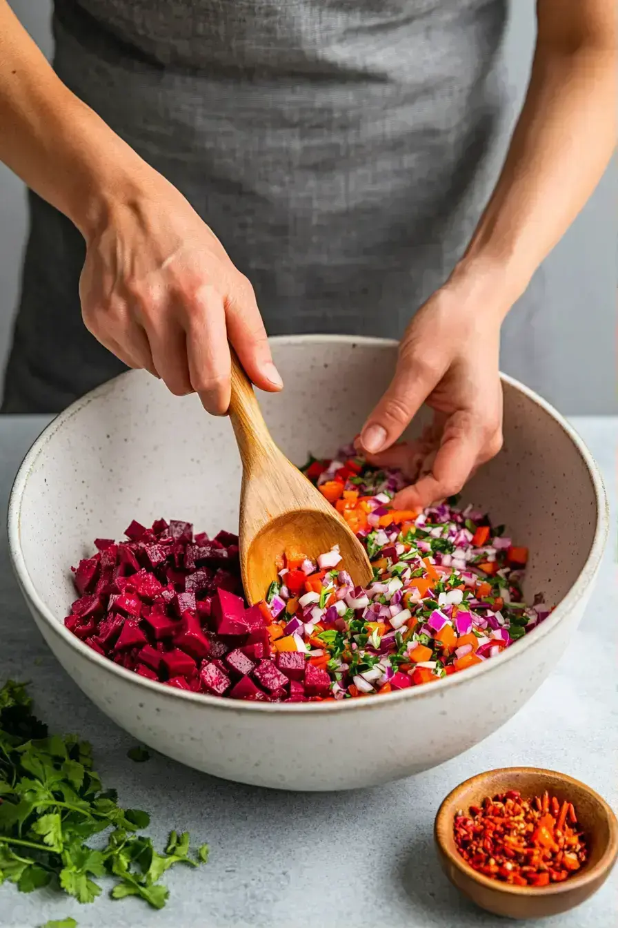 Finished cold Russian salad with fresh dill served in a beautiful bowl