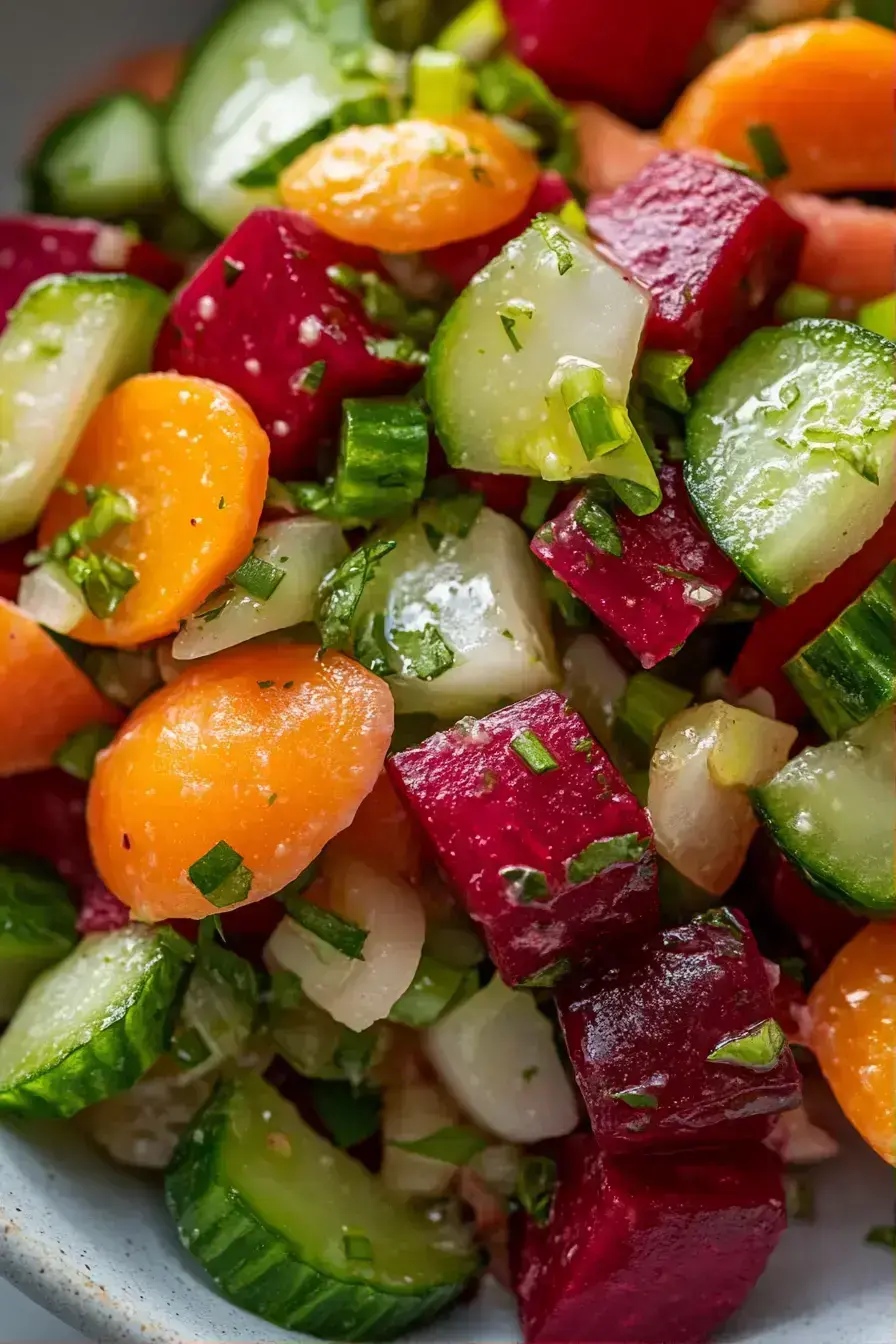Russian Vinaigrette Salad beautifully plated with fresh dill garnish on a rustic wooden table