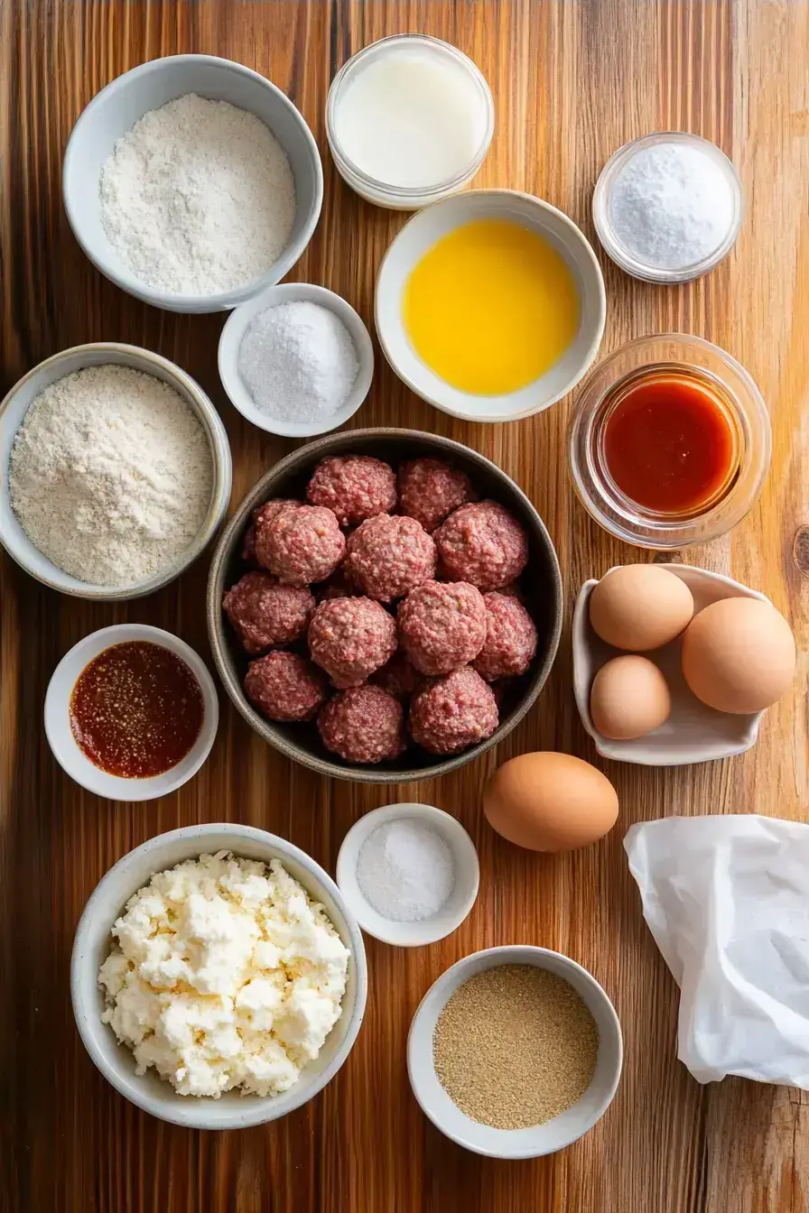 Ingredients laid out for making Salisbury Steak Meatballs on a wooden table