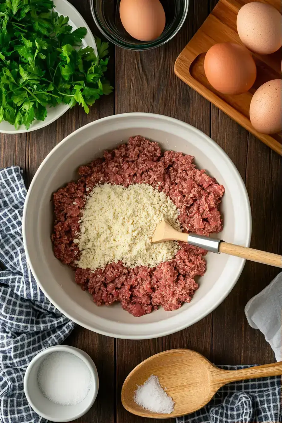 Hands shaping seasoned ground beef into Salisbury Steak Meatballs