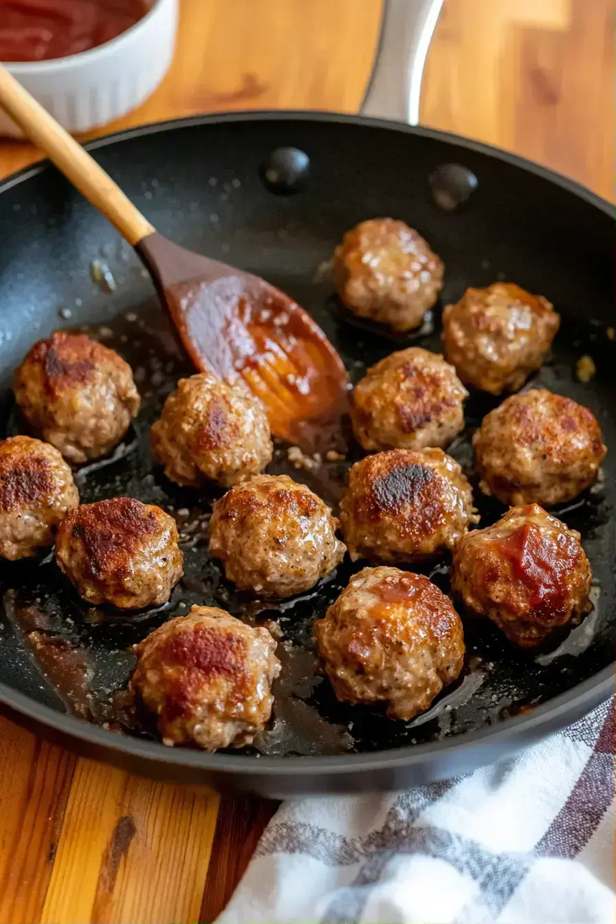 Finished Salisbury Steak Meatballs simmering in a rich, glossy gravy