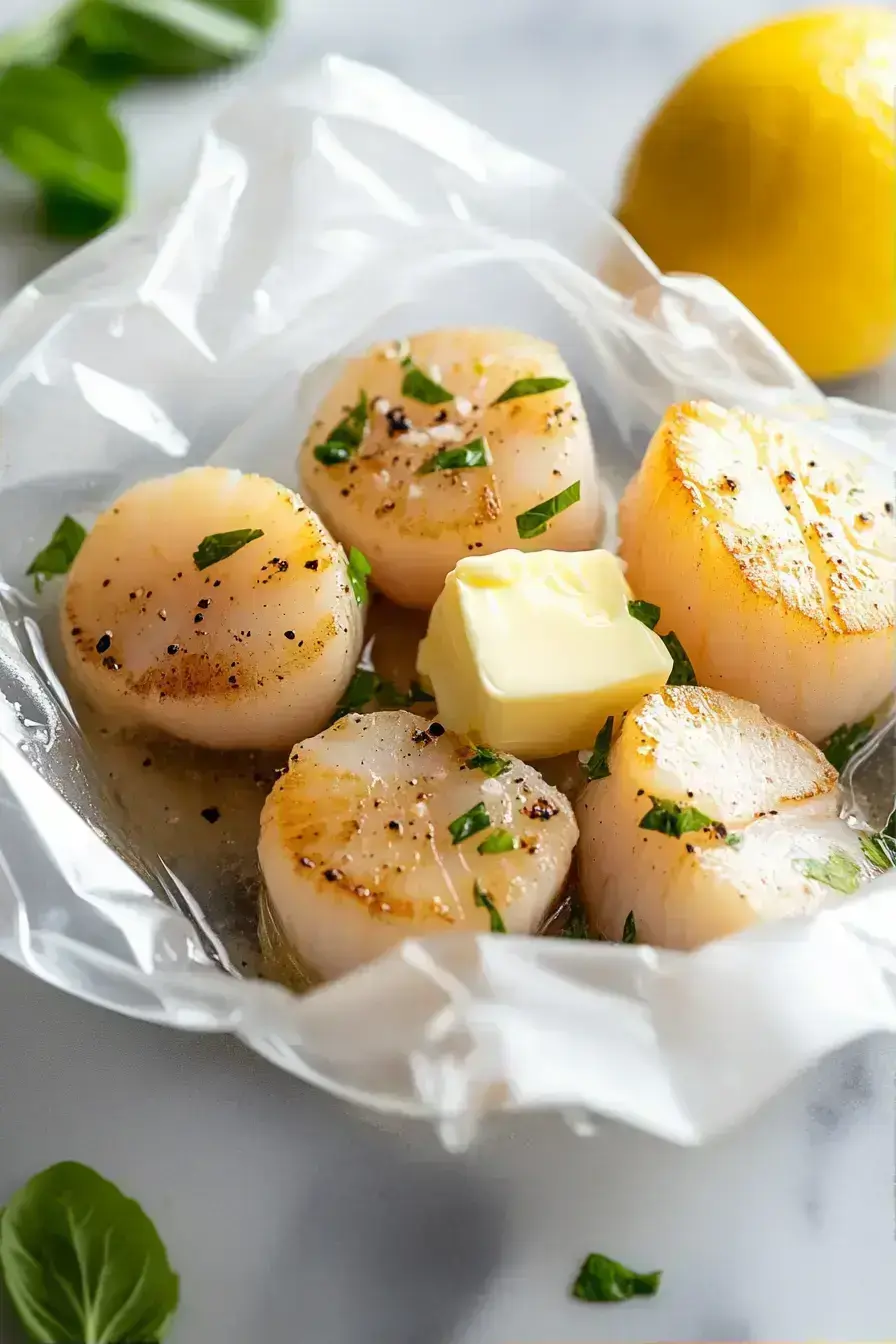 Scallops in a vacuum-seal bag with butter and seasonings