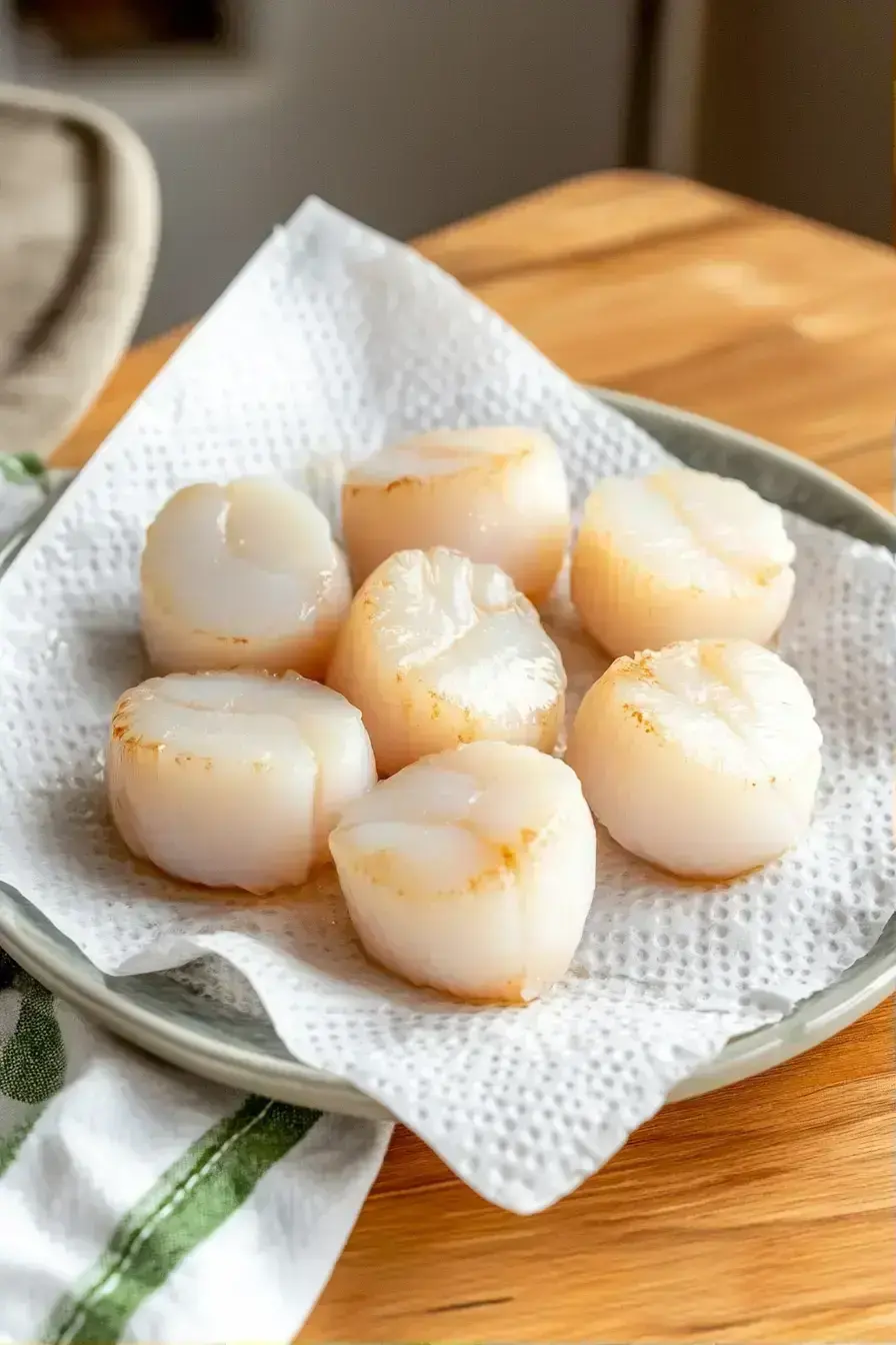 Scallops draining on a paper towel-lined plate