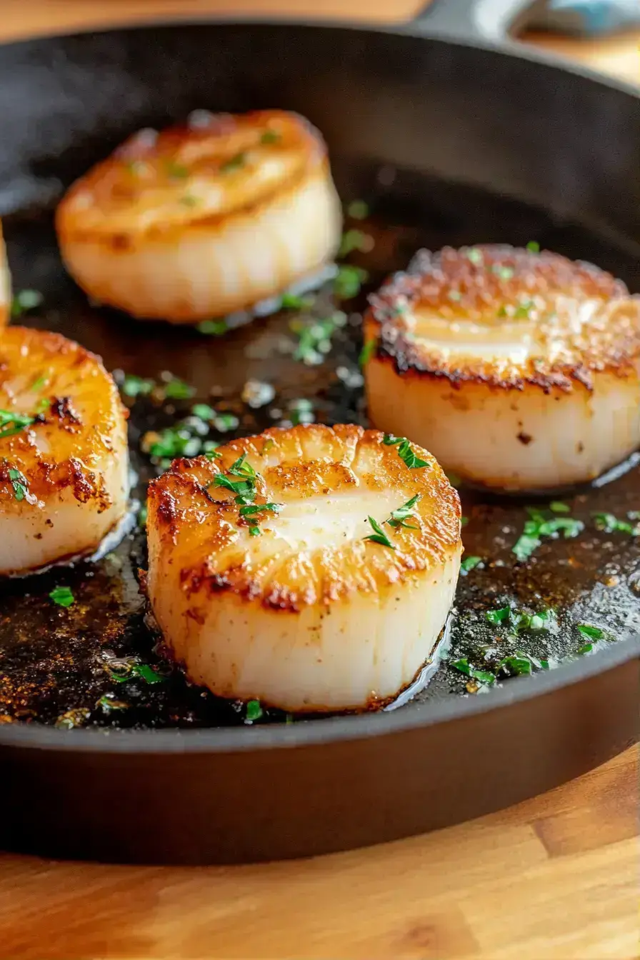 Golden brown scallops garnished with parsley on a serving plate