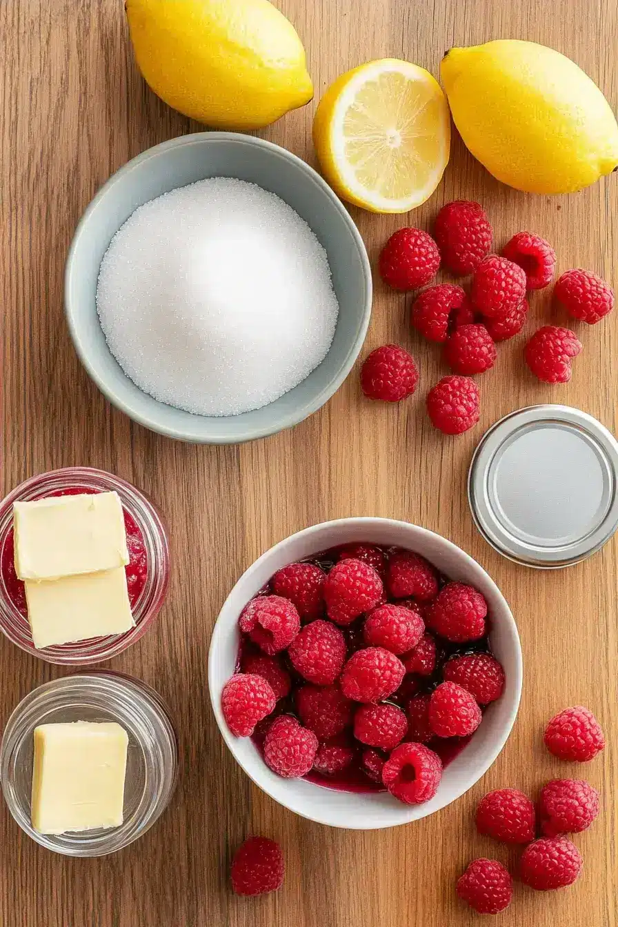 Fresh ingredients for seedless raspberry jam recipe