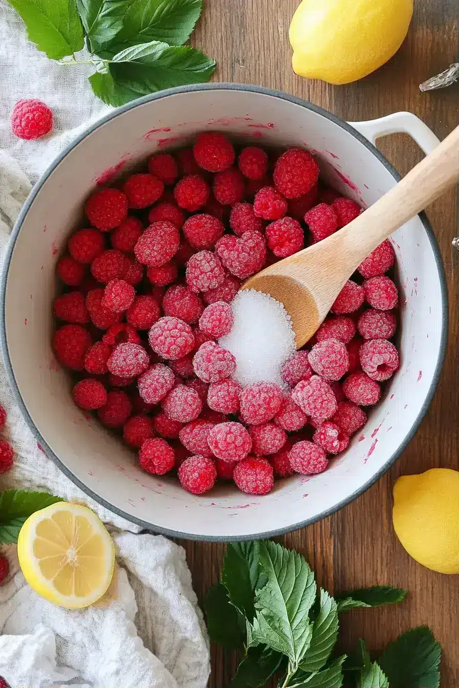 Mixing raspberries and sugar for smooth raspberry spread with lemon
