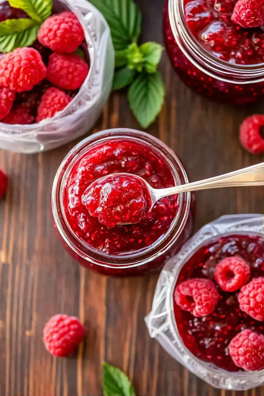 Finished thick raspberry jam with butter in glass jars