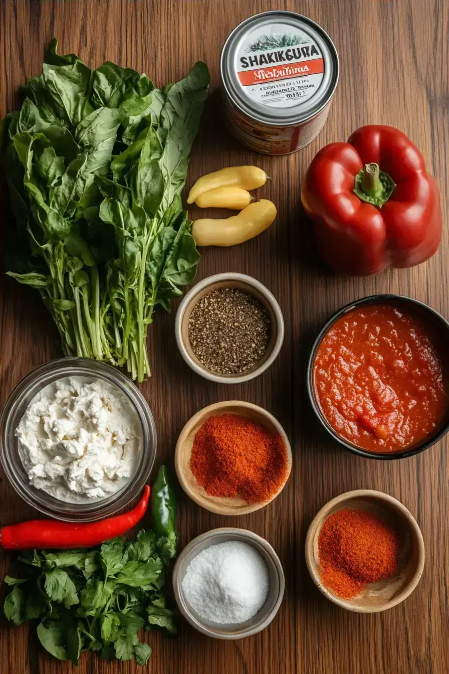 Fresh ingredients for easy Shakshuka recipe on a kitchen counter